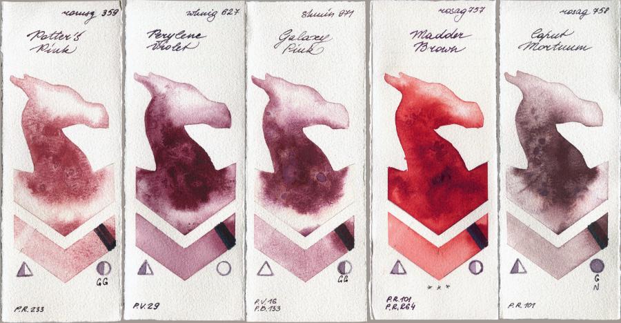 Roman Szmal Aquarius 359 Potters Pink vs  627 Perylene Violet vs Shminke Horadam Aquarell 971 Galaxy Pink vs Rosa Gallery 757 Madder Brown vs 758 Caput Mortuum watercolor swatch