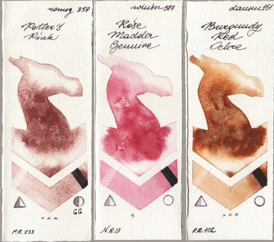 Roman Szmal Aquarius 359 Potters Pink vs Winsor & Newton Professional 587 Rose Madder Genuine vs Daniel Smith 151 Burgundy Red Ochre watercolor swatch