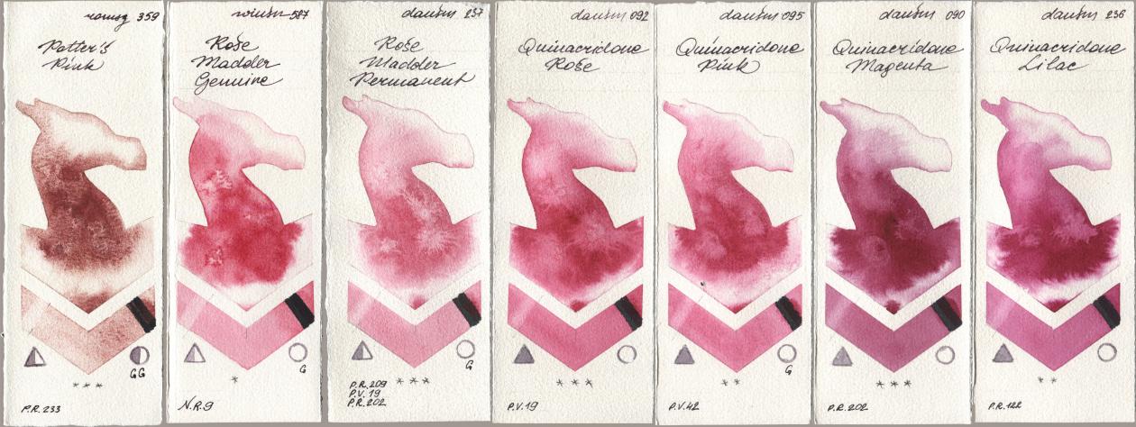 Roman Szmal Aquarius 359 Potters Pink, Winsor & Newton Professional 587 Rose Madder Genuine, Daniel Smith 237 Rose Madder Permanent, 092 Quinacridone Rose, 095 Quinacridone Pink, 090 Quinacridone Magenta, 236 Quinacridone Lil watercolor swatch