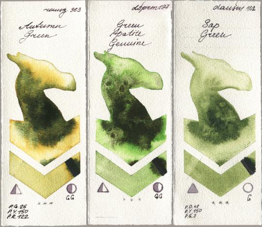 Roman Szmal Aquarius 363 Autumn Green, Daniel Smith 197 Green Apatite Genuine, 102 Sap Gre watercolor swatch
