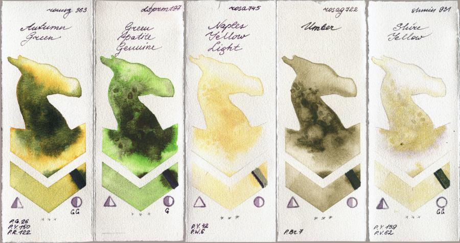 Roman Szmal Aquarius 363 Autumn Green vs Daniel Smith 197 Green Apatite Genuine vs Rosa Gallery 745 Naples Yellow Light vs 722 Umber vs Shminke Horadam Aquarell 931 Shire Yellow watercolor swatch