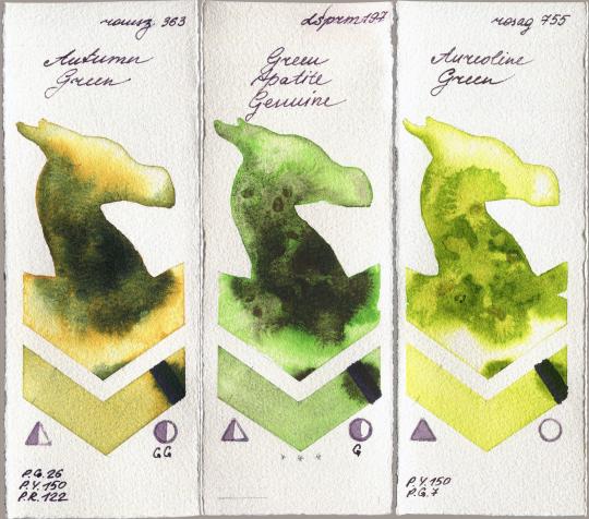 Roman Szmal Aquarius 363 Autumn Green vs Daniel Smith 197 Green Apatite Genuine vs Rosa Gallery 755 Aureoline Green watercolor swatch