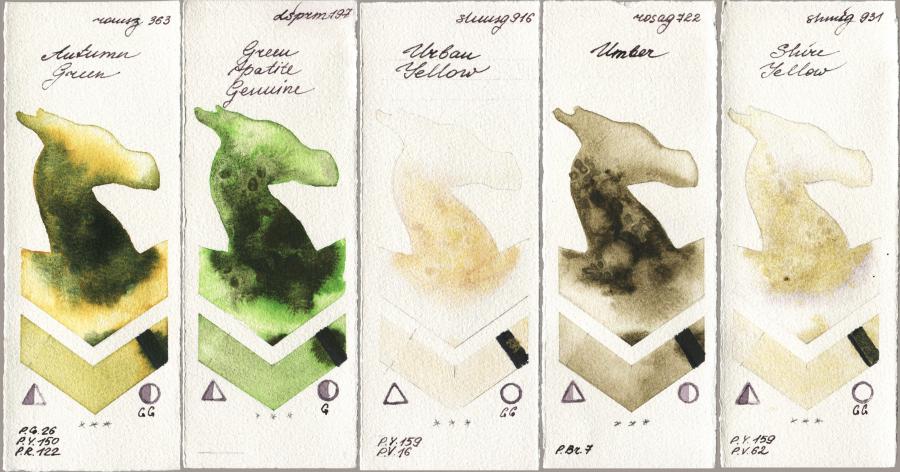 Roman Szmal Aquarius 363 Autumn Green vs Daniel Smith 197 Green Apatite Genuine vs Shminke Horadam Aquarell 916 Urban Yellow vs Rosa Gallery 722 Umber vs 931 Shire Yellow watercolor swatch