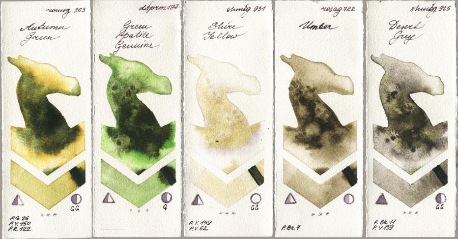 Roman Szmal Aquarius 363 Autumn Green vs Daniel Smith 197 Green Apatite Genuine vs Shminke Horadam Aquarell 931 Shire Yellow vs Rosa Gallery 722 Umber vs 925 Desert Grey watercolor swatch