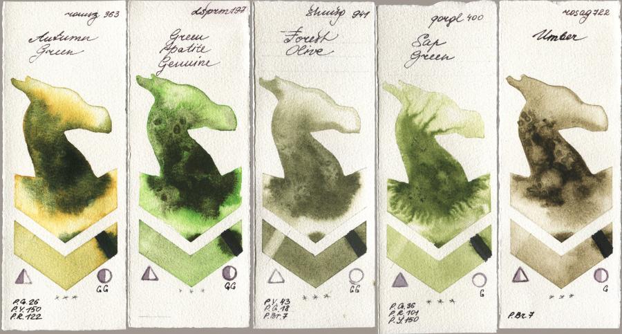 Roman Szmal Aquarius 363 Autumn Green, Daniel Smith 197 Green Apatite Genuine, Shminke Horadam Aquarell 941 Forest Olive, Golden QOR 400 Sap Green, Rosa Gallery 722 Umb watercolor swatch