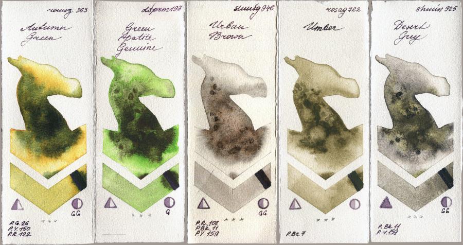 Roman Szmal Aquarius 363 Autumn Green vs Daniel Smith 197 Green Apatite Genuine vs Shminke Horadam Aquarell 946 Urban Brown vs Rosa Gallery 722 Umber vs 925 Desert Grey watercolor swatch