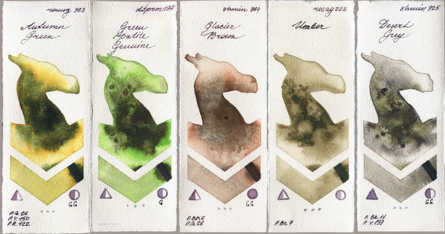 Roman Szmal Aquarius 363 Autumn Green vs Daniel Smith 197 Green Apatite Genuine vs Shminke Horadam Aquarell 964 Glacier Brown vs Rosa Gallery 722 Umber vs 925 Desert Grey watercolor swatch