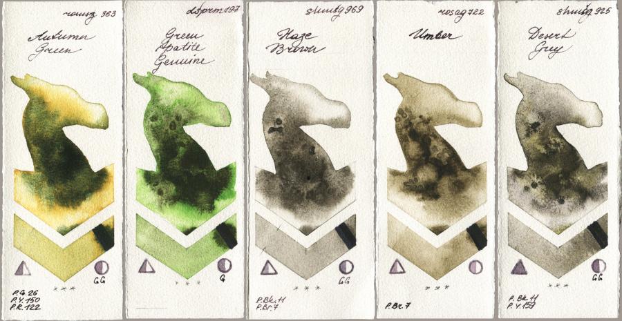 Roman Szmal Aquarius 363 Autumn Green vs Daniel Smith 197 Green Apatite Genuine vs Shminke Horadam Aquarell 969 Haze Brown vs Rosa Gallery 722 Umber vs 925 Desert Grey watercolor swatch