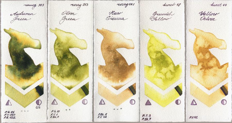 Roman Szmal Aquarius 363 Autumn Green vs Rosa Gallery 713 Olive Green vs 721 Raw Sienna vs Kuretake Gansai Tambi 48 Greenish Yellow vs 44 Yellow Ochre watercolor swatch