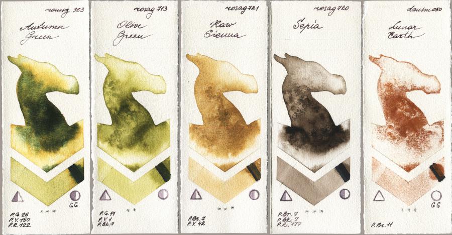 Roman Szmal Aquarius 363 Autumn Green vs Rosa Gallery 713 Olive Green vs 721 Raw Sienna vs 720 Sepia vs Daniel Smith 050 Lunar Earth watercolor swatch