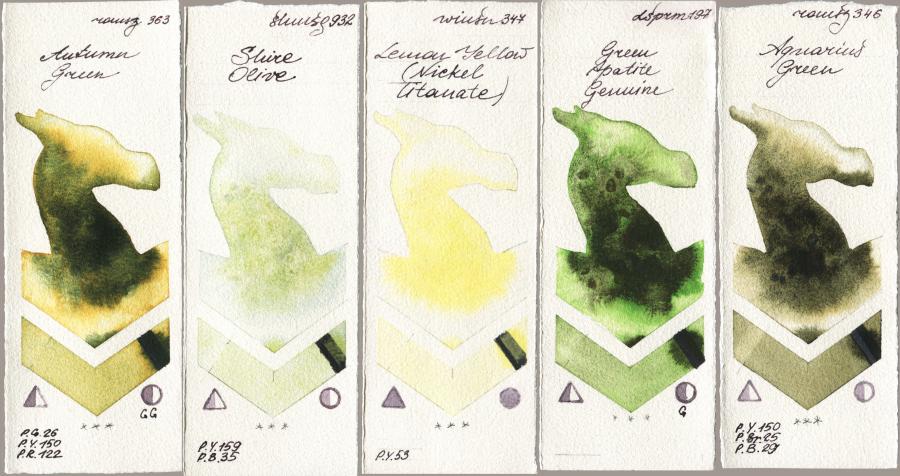 Roman Szmal Aquarius 363 Autumn Green vs Shminke Horadam Aquarell 932 Shire Olive vs Winsor & Newton Professional 347 Lemon Yellow (Nickel Titanate) vs Daniel Smith 197 Green Apatite Genuine vs 346 Aquarius Green watercolor swatch