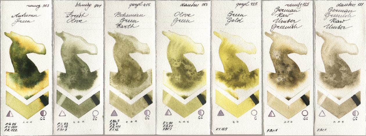 Roman Szmal Aquarius 363 Autumn Green, Shminke Horadam Aquarell 941 Forest Olive, Golden QOR 415 Bohemian Green Earth, Daniel Smith 063 Olive Green, 425 Green Gold, 125 German Raw Umber Greenish, 121 German Greenish Raw Umb watercolor swatch