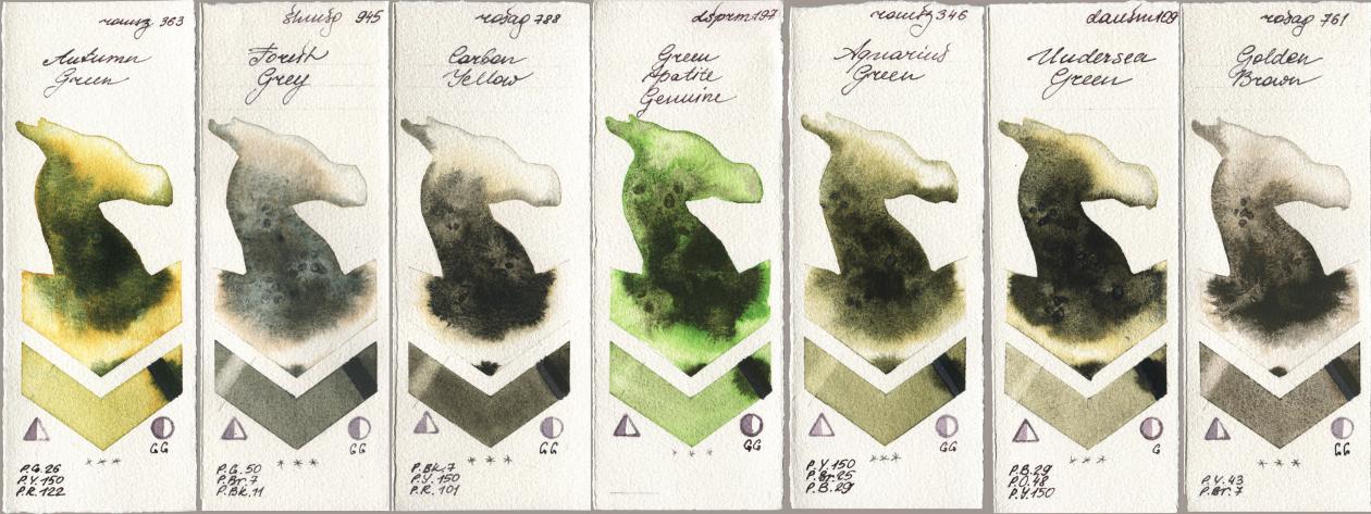 Roman Szmal Aquarius 363 Autumn Green, Shminke Horadam Aquarell 945 Forest Grey, Rosa Gallery 788 Carbon Yellow, Daniel Smith 197 Green Apatite Genuine, 346 Aquarius Green, 109 Undersea Green, 761 Golden Bro watercolor swatch