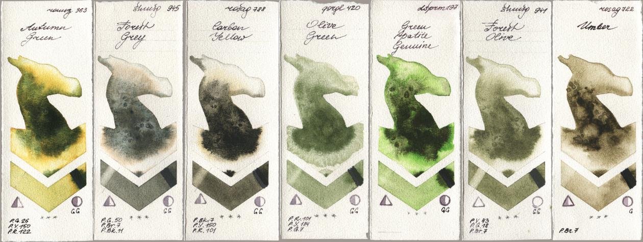 Roman Szmal Aquarius 363 Autumn Green, Shminke Horadam Aquarell 945 Forest Grey, Rosa Gallery 788 Carbon Yellow, Golden QOR 420 Olive Green, Daniel Smith 197 Green Apatite Genuine, 941 Forest Olive, 722 Umb watercolor swatch