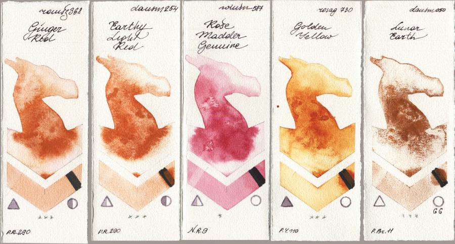Roman Szmal Aquarius 368 Genger Red vs Daniel Smith 254 Earthy Light Red vs Winsor & Newton Professional 587 Rose Madder Genuine vs Rosa Gallery 730 Golden Yellow vs 050 Lunar Earth watercolor swatch