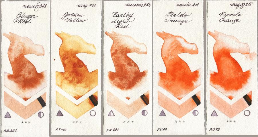 Roman Szmal Aquarius 368 Genger Red vs Rosa Gallery 730 Golden Yellow vs Daniel Smith 254 Earthy Light Red vs Winsor & Newton Professional 418 Fields Orange vs Royal Talens Van Gogh Watercolour 278 Pyrrole Orange watercolor swatch