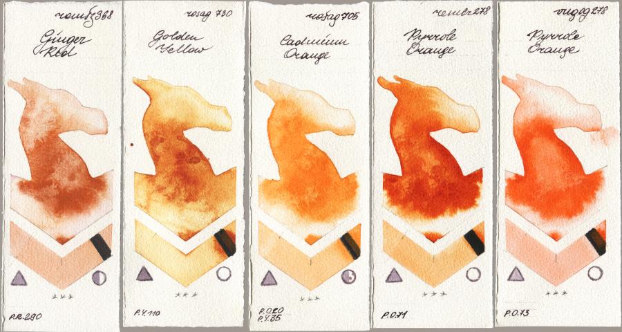 Roman Szmal Aquarius 368 Genger Red vs Rosa Gallery 730 Golden Yellow vs 705 Cadmium Orange vs Royal Talens Rembrandt Watercolour 278 Pyrrole Orange vs Royal Talens Van Gogh Watercolour 278 Pyrrole Orange watercolor swatch