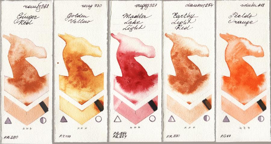 Roman Szmal Aquarius 368 Genger Red vs Rosa Gallery 730 Golden Yellow vs Royal Talens Van Gogh Watercolour 327 Madder Lake Light vs Daniel Smith 254 Earthy Light Red vs Winsor & Newton Professional 418 Fields Orange watercolor swatch