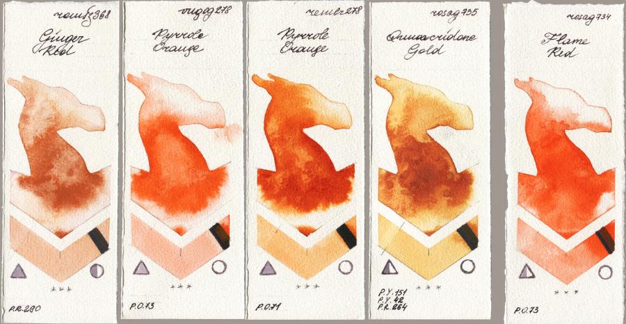 Roman Szmal Aquarius 368 Genger Red vs Royal Talens Van Gogh Watercolour 278 Pyrrole Orange vs Royal Talens Rembrandt Watercolour 278 Pyrrole Orange vs Rosa Gallery 735 Quinacridone Gold vs 734 Flame Red watercolor swatch