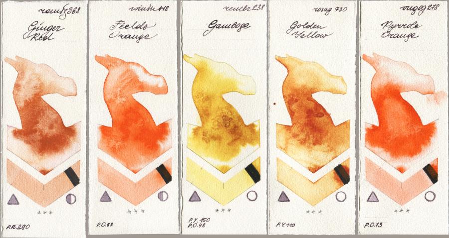 Roman Szmal Aquarius 368 Genger Red vs Winsor & Newton Professional 418 Fields Orange vs Royal Talens Rembrandt Watercolour 238 Gamboge vs Rosa Gallery 730 Golden Yellow vs Royal Talens Van Gogh Watercolour 278 Pyrrole Orange watercolor swatch