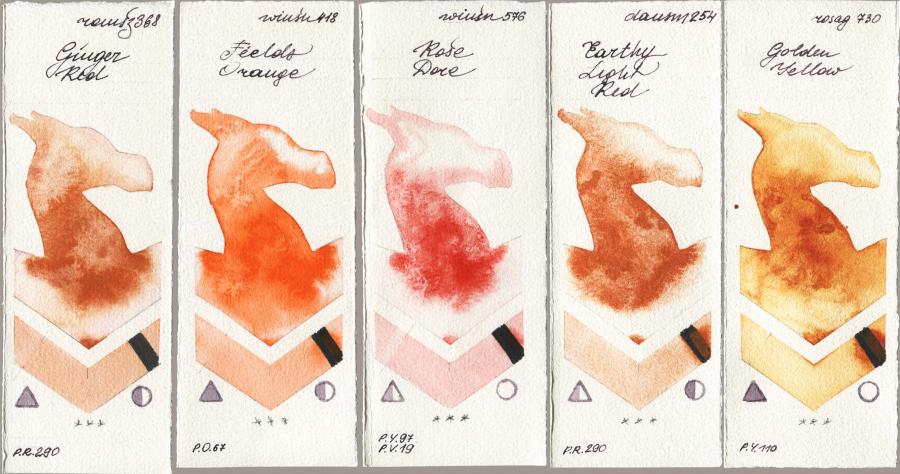 Roman Szmal Aquarius 368 Genger Red vs Winsor & Newton Professional 418 Fields Orange vs 576 Rose Dore vs Daniel Smith 254 Earthy Light Red vs Rosa Gallery 730 Golden Yellow watercolor swatch