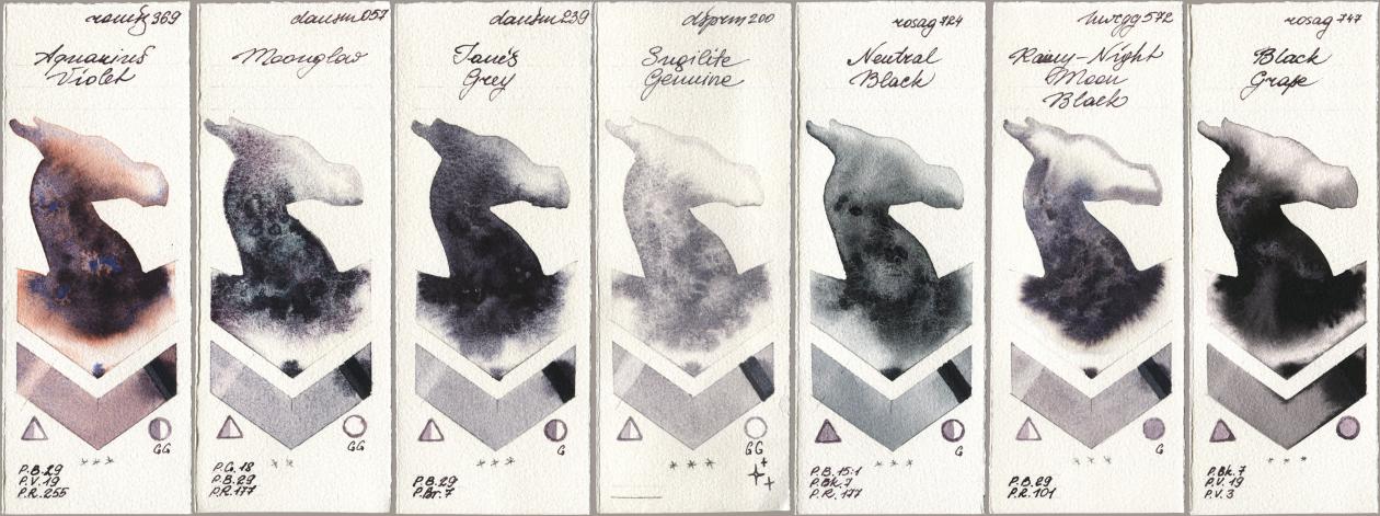 Roman Szmal Aquarius 369 Aquarius Violet, Daniel Smith 057 Moonglow, 239 Janes Grey, 200 Sugilite Genuine, Rosa Gallery 724 Neutral Black, Holbein Artists Watercolor 572 Rainy-Night Moon Back, 747 Black Gra watercolor swatch