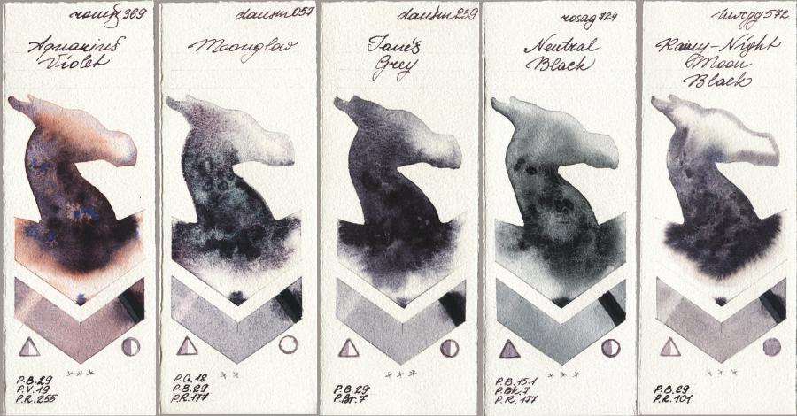 Roman Szmal Aquarius 369 Aquarius Violet vs Daniel Smith 057 Moonglow vs 239 Janes Grey vs Rosa Gallery 724 Neutral Black vs Holbein Artists Watercolor 572 Rainy-Night Moon Back watercolor swatch