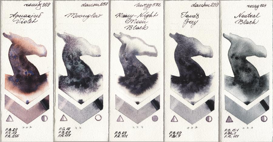 Roman Szmal Aquarius 369 Aquarius Violet vs Daniel Smith 057 Moonglow vs Holbein Artists Watercolor 572 Rainy-Night Moon Back vs 239 Janes Grey vs Rosa Gallery 724 Neutral Black watercolor swatch