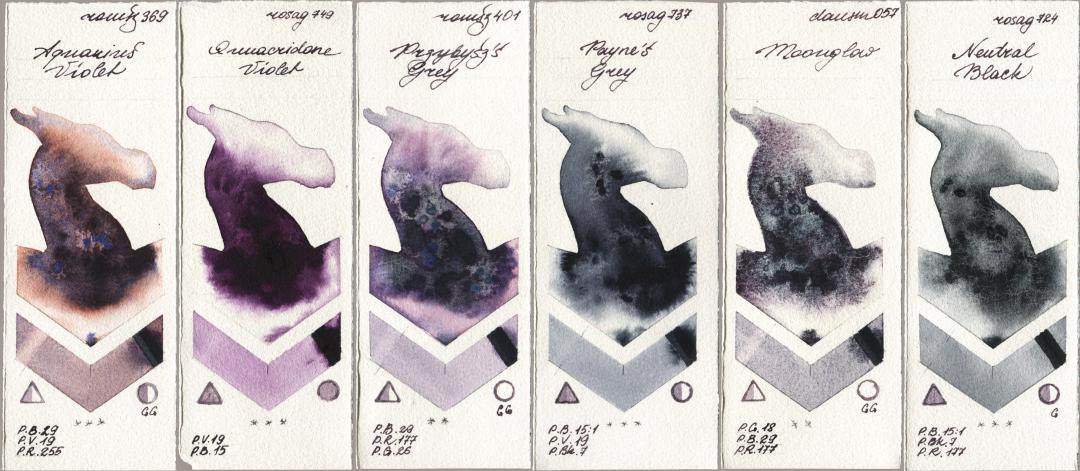 Roman Szmal Aquarius 369 Aquarius Violet, Rosa Gallery 749 Quinacridone Violet, 401 Przybyszs Grey, 737 Paynes Grey, Daniel Smith 057 Moonglow, 724 Neutral Bla watercolor swatch