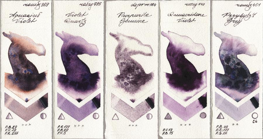 Roman Szmal Aquarius 369 Aquarius Violet vs Rosa Gallery 785 Violet Quartz vs Daniel Smith 164 Purpurite Genuine vs 749 Quinacridone Violet vs 401 Przybyszs Grey watercolor swatch