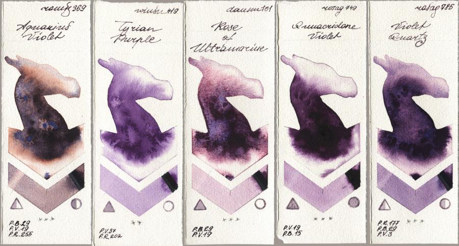 Roman Szmal Aquarius 369 Aquarius Violet vs Winsor & Newton Professional 419 Tyrian Purple vs Daniel Smith 101 Rose of Ultramarine vs Rosa Gallery 749 Quinacridone Violet vs 785 Violet Quartz watercolor swatch