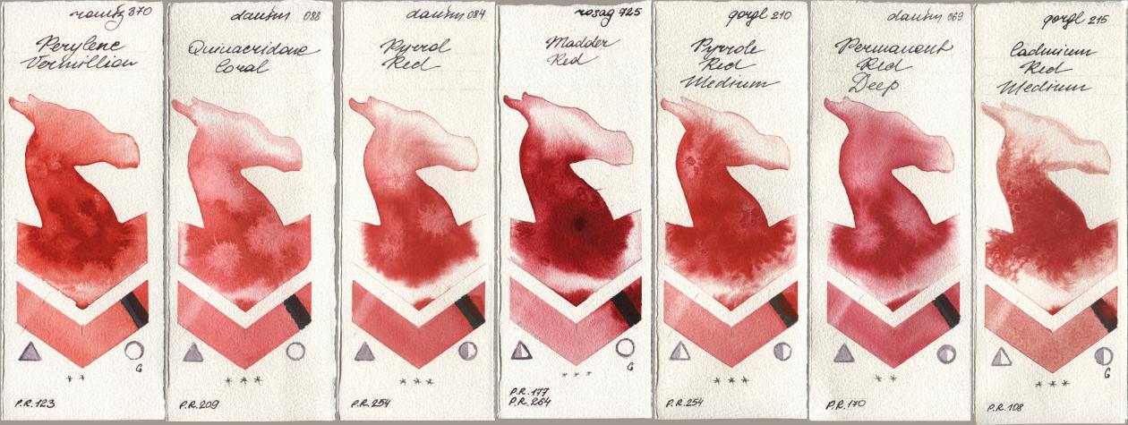 Roman Szmal Aquarius 370 Perylene Vermillion, Daniel Smith 088 Quinacridone Coral, 084 Pyrrol Red, Rosa Gallery 725 Madder Red, Golden QOR 210 Pyrrole Red Medium, 069 Permanent Red Deep, 215 Cadmium Red Medi watercolor swatch