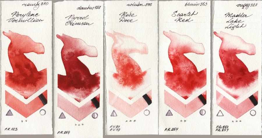 Roman Szmal Aquarius 370 Perylene Vermillion vs Daniel Smith 127 Pyrrol Crimson vs Winsor & Newton Professional 576 Rose Dore vs Shminke Horadam Aquarell 363 Scarlet Red vs Royal Talens Van Gogh Watercolour 327 Madder Lake Light watercolor swatch