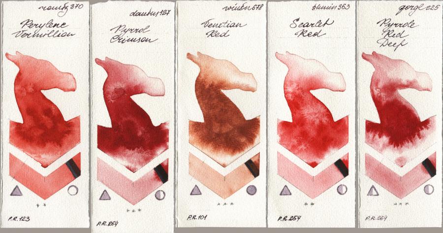 Roman Szmal Aquarius 370 Perylene Vermillion vs Daniel Smith 127 Pyrrol Crimson vs Winsor & Newton Professional 678 Venetian Red vs Shminke Horadam Aquarell 363 Scarlet Red vs Golden QOR 225 Pyrrole Red Deep watercolor swatch