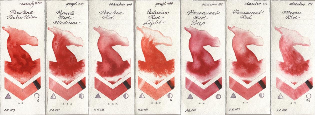 Roman Szmal Aquarius 370 Perylene Vermillion, Golden QOR 210 Pyrrole Red Medium, Daniel Smith 075 Perylene Red, 195 Cadmium Red Light, 069 Permanent Red Deep, 072 Permanent Red, 217 Mayan R watercolor swatch
