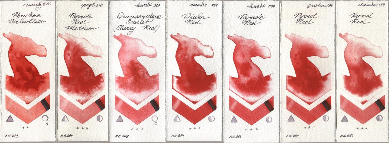 Roman Szmal Aquarius 370 Perylene Vermillion, Golden QOR 210 Pyrrole Red Medium, Holbein Artists Watercolor 027 Quinacridone Scarlet (Cherry Red), Winsor & Newton Professional 726 Winsor Red, 007 Pyrrole Red, M. Graham & Co. Artists 154 Pyrrol Red, Daniel Smith 084 Pyrrol R watercolor swatch
