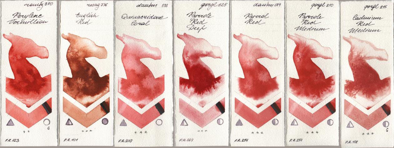 Roman Szmal Aquarius 370 Perylene Vermillion, Rosa Gallery 736 English Red, Daniel Smith 088 Quinacridone Coral, Golden QOR 225 Pyrrole Red Deep, 084 Pyrrol Red, 210 Pyrrole Red Medium, 215 Cadmium Red Medi watercolor swatch