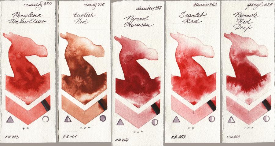 Roman Szmal Aquarius 370 Perylene Vermillion vs Rosa Gallery 736 English Red vs Daniel Smith 127 Pyrrol Crimson vs Shminke Horadam Aquarell 363 Scarlet Red vs Golden QOR 225 Pyrrole Red Deep watercolor swatch