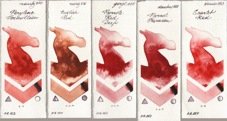 Roman Szmal Aquarius 370 Perylene Vermillion vs Rosa Gallery 736 English Red vs Golden QOR 225 Pyrrole Red Deep vs Daniel Smith 127 Pyrrol Crimson vs Shminke Horadam Aquarell 363 Scarlet Red watercolor swatch