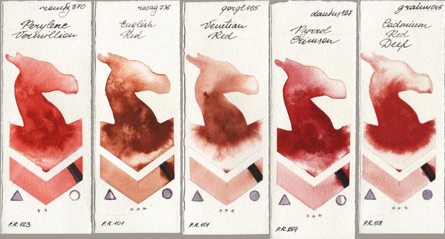 Roman Szmal Aquarius 370 Perylene Vermillion vs Rosa Gallery 736 English Red vs Golden QOR 465 Venetian Red vs Daniel Smith 127 Pyrrol Crimson vs M. Graham & Co. Artists 045 Cadmium Red Deep watercolor swatch