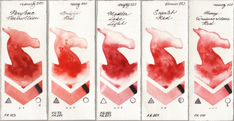 Roman Szmal Aquarius 370 Perylene Vermillion, Rosa Gallery 740 Bright Red, Royal Talens Van Gogh Watercolour 327 Madder Lake Light, Shminke Horadam Aquarell 363 Scarlet Red, 329 Cherry Quinacridone R watercolor swatch