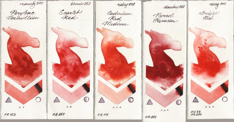 Roman Szmal Aquarius 370 Perylene Vermillion vs Shminke Horadam Aquarell 363 Scarlet Red vs Rosa Gallery 707 Cadmium Red Medium vs Daniel Smith 127 Pyrrol Crimson vs 740 Bright Red watercolor swatch