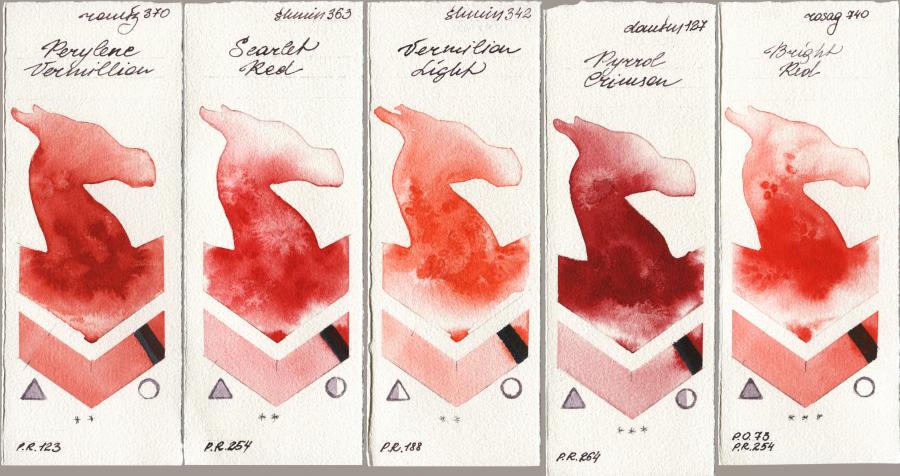 Roman Szmal Aquarius 370 Perylene Vermillion vs Shminke Horadam Aquarell 363 Scarlet Red vs 342 Vermilion Light vs Daniel Smith 127 Pyrrol Crimson vs Rosa Gallery 740 Bright Red watercolor swatch