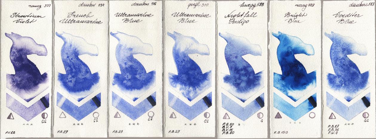 Roman Szmal Aquarius 377 Strontium Violet, Daniel Smith 034 French Ultramarine, 106 Ultramarine Blue, Golden QOR 310 Ultramarine Blue, Holbein Artists Watercolor 533 Nightfall Indigo, Rosa Gallery 729 Bright Blue, 173 Verditer Bl watercolor swatch