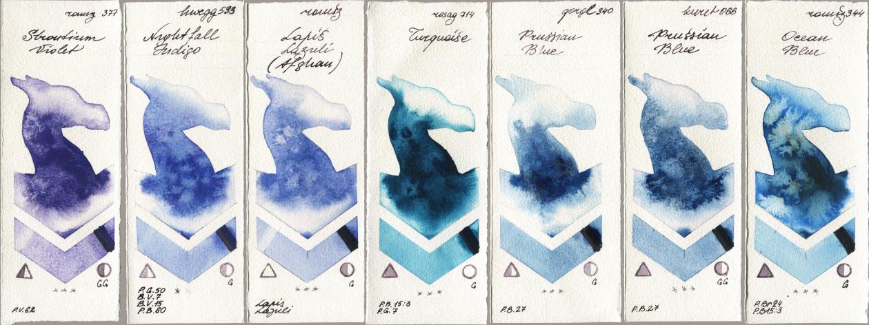 Roman Szmal Aquarius 377 Strontium Violet, Holbein Artists Watercolor 533 Nightfall Indigo, 999 Lapis Lazuli Afghan, Rosa Gallery 714 Turquoise, Golden QOR 340 Prussian Blue, Kuretake Gansai Tambi 066 Prussian Blue, 344 Ocean Bl watercolor swatch