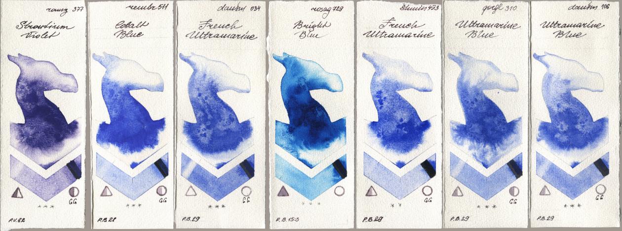 Roman Szmal Aquarius 377 Strontium Violet, Royal Talens Rembrandt Watercolour 511 Cobalt Blue, Daniel Smith 034 French Ultramarine, Rosa Gallery 729 Bright Blue, Shminke Horadam Aquarell 493 French Ultramarine, Golden QOR 310 Ultramarine Blue, 106 Ultramarine Bl watercolor swatch