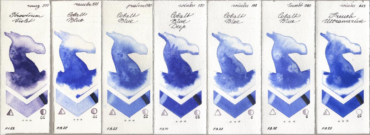 Roman Szmal Aquarius 377 Strontium Violet, Royal Talens Rembrandt Watercolour 511 Cobalt Blue, M. Graham & Co. Artists 090 Cobalt Blue, Winsor & Newton Professional 180 Cobalt Blue Deep, 178 Cobalt Blue, Holbein Artists Watercolor 090 Cobalt Blue, 263 French Ultramari watercolor swatch