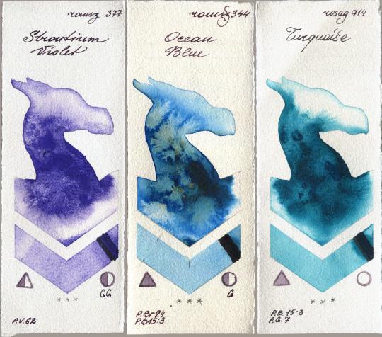 Roman Szmal Aquarius 377 Strontium Violet vs 344 Ocean Blue vs Rosa Gallery 714 Turquiose watercolor swatch