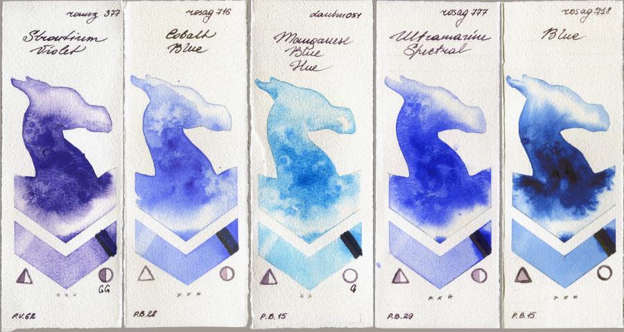 Roman Szmal Aquarius 377 Strontium Violet vs Rosa Gallery 716 Cobalt Blue vs Daniel Smith 051 Manganese Blue Hue vs 777 Ultramarine Spectral vs 718 Blue watercolor swatch