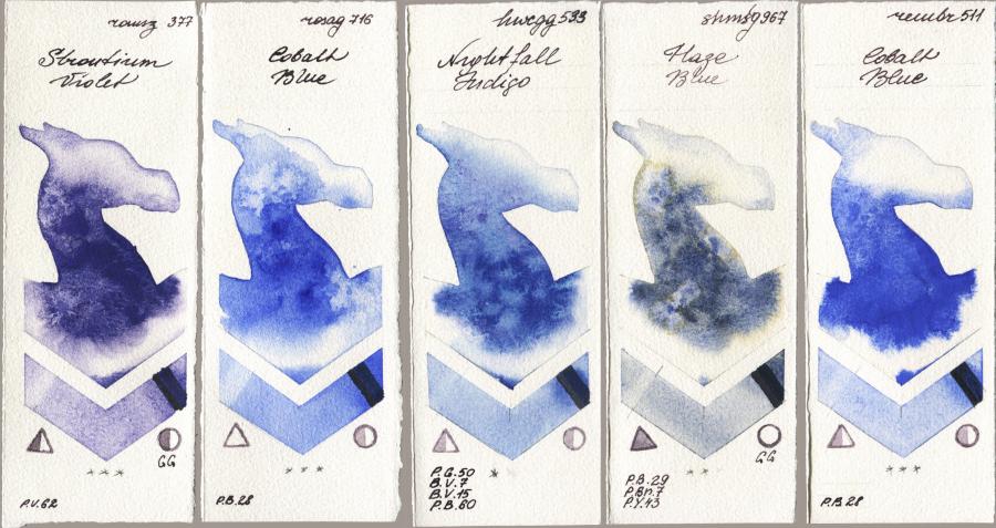 Roman Szmal Aquarius 377 Strontium Violet vs Rosa Gallery 716 Cobalt Blue vs Holbein Artists Watercolor 533 Nightfall Indigo vs Shminke Horadam Aquarell 967 Haze Blue vs Royal Talens Rembrandt Watercolour 511 Cobalt Blue watercolor swatch